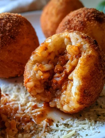 Deliziosi arancini siciliani al ragù serviti con salsa di pomodoro.
