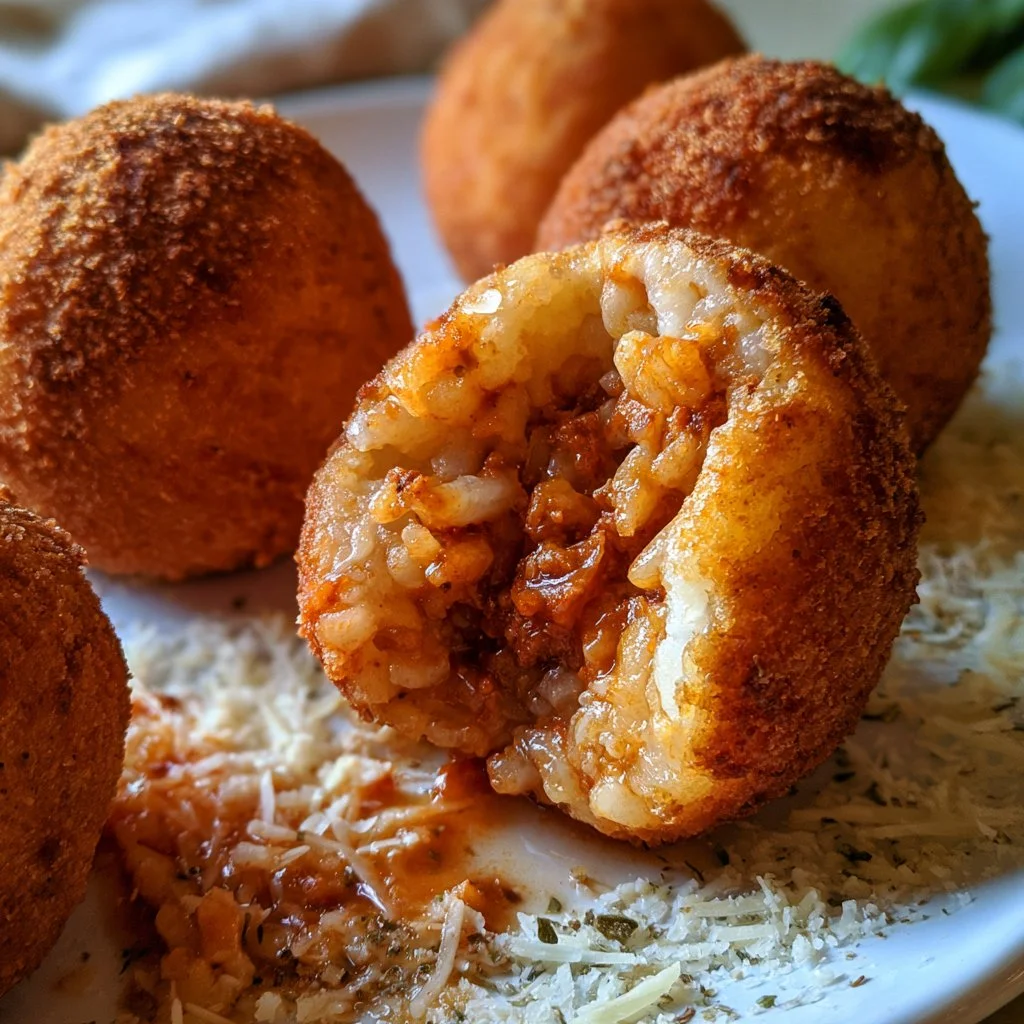 Deliziosi arancini siciliani al ragù serviti con salsa di pomodoro.
