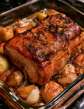 Arrosto di maiale servito con mele e cipolle, piatto tipico italiano.