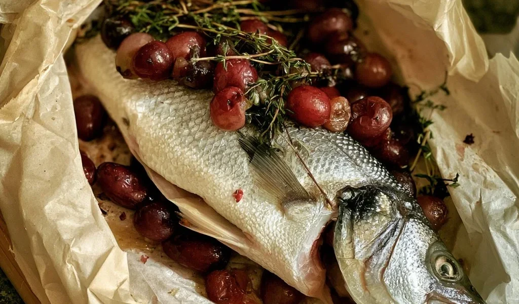 Branzino al cartoccio con uva e timo, piatto elegante e gustoso