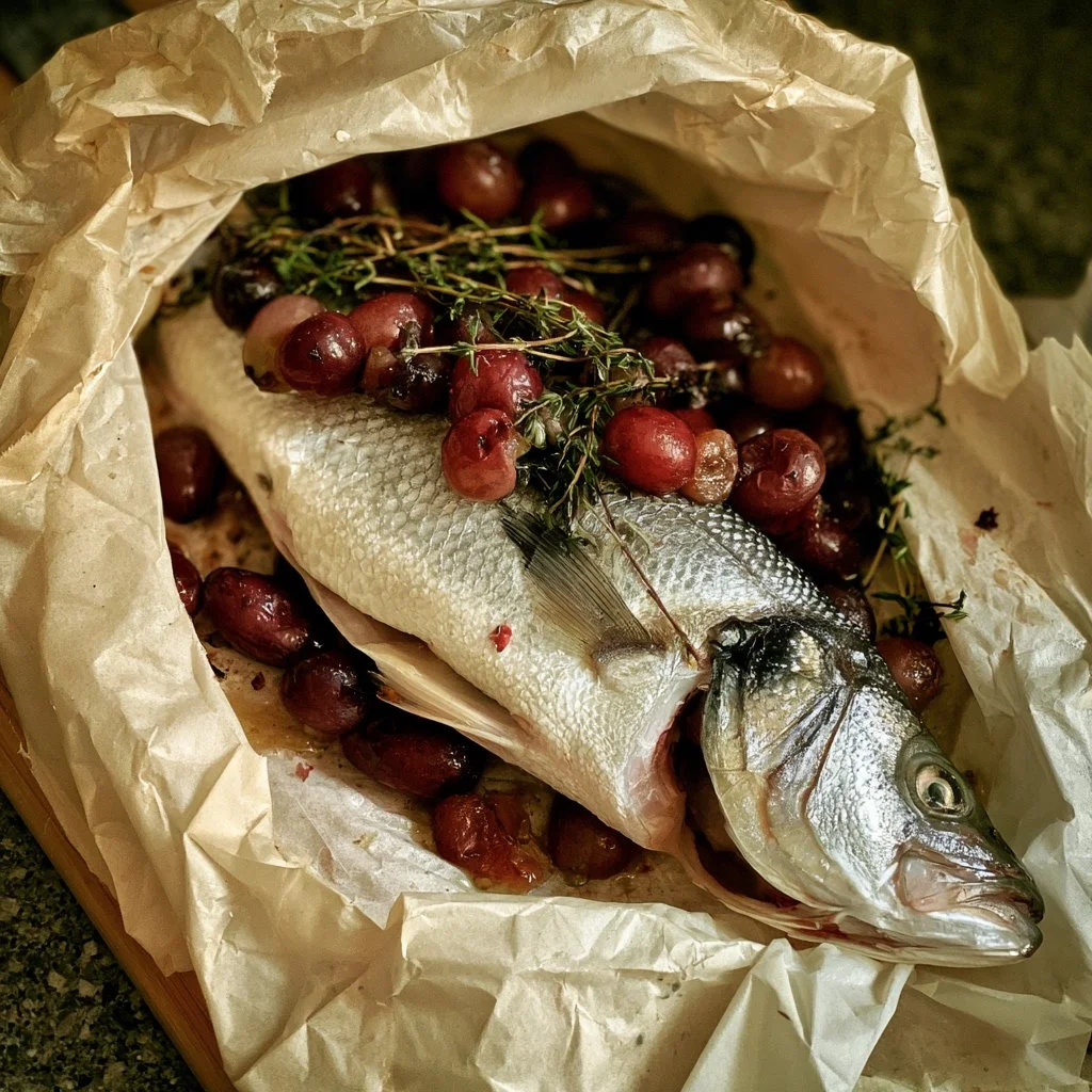 Branzino al cartoccio con uva e timo, piatto elegante e gustoso