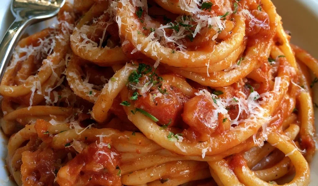 Piatto di Bucatini all'amatriciana servito con guanciale e pomodoro