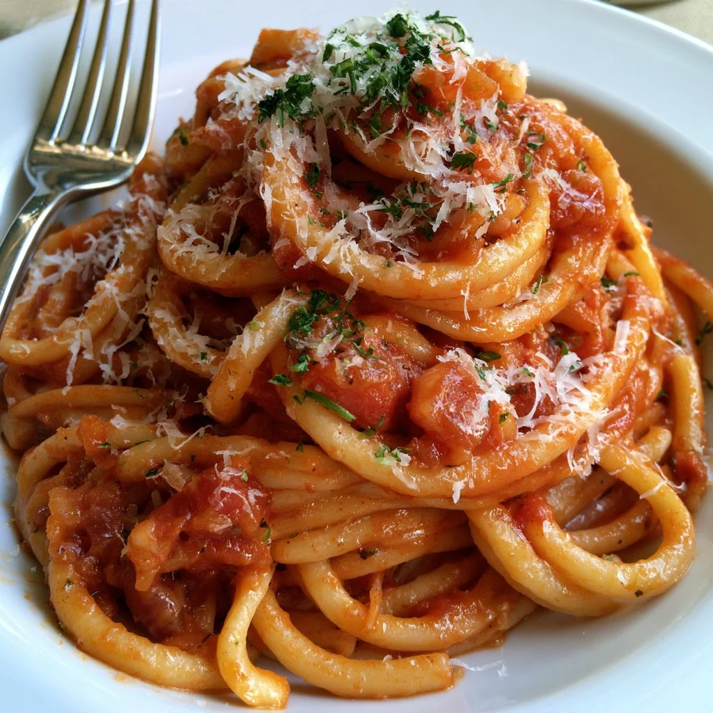 Piatto di Bucatini all'amatriciana servito con guanciale e pomodoro