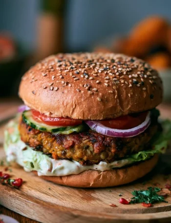 Burger di lenticchie e zucca in un piatto gustoso e colorato