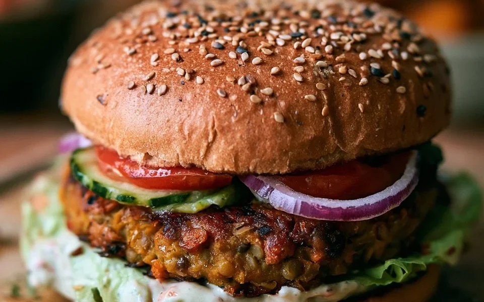 Burger di lenticchie e zucca in un piatto gustoso e colorato