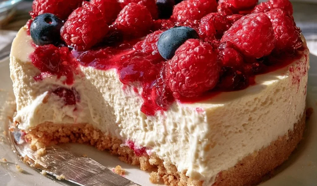 Deliziosa cheesecake senza cottura decorata con frutta fresca
