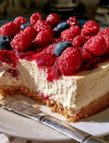 Deliziosa cheesecake senza cottura decorata con frutta fresca