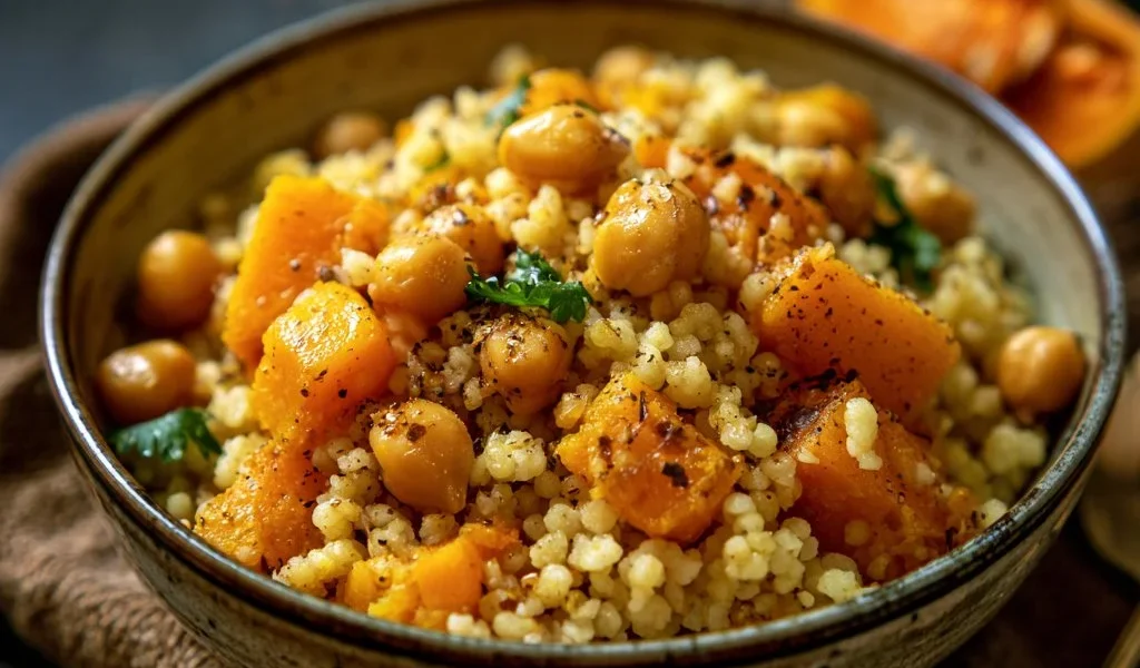Cous cous autunnale con zucca e ceci, un piatto gustoso e colorato.