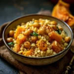 Cous cous autunnale con zucca e ceci, un piatto gustoso e colorato.