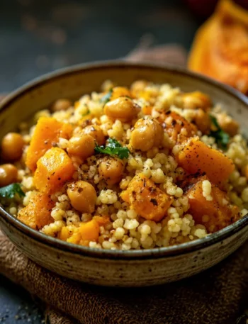 Cous cous autunnale con zucca e ceci, un piatto gustoso e colorato.