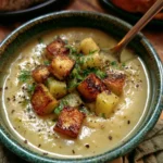 Crema di porri e patate servita con crostini di pane croccante
