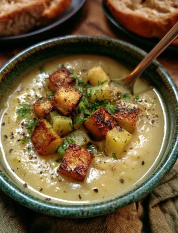 Crema di porri e patate servita con crostini di pane croccante
