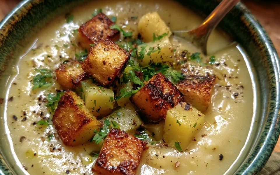 Crema di porri e patate servita con crostini di pane croccante