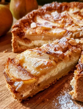 Crostata di pere, ricotta e cannella con decorazioni di cannella e zucchero a velo
