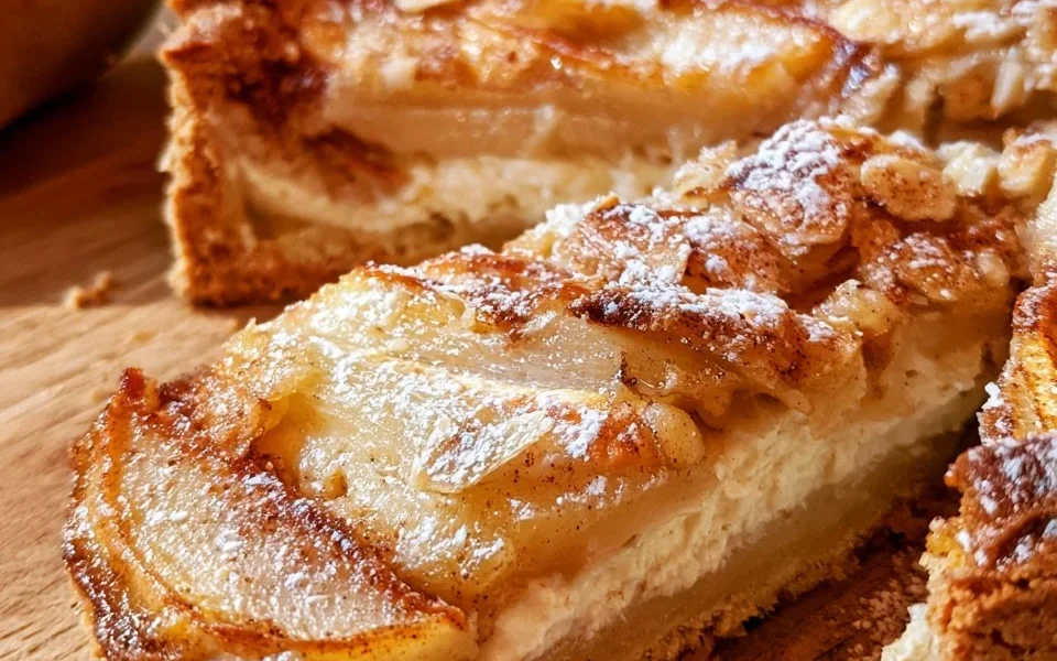 Crostata di pere, ricotta e cannella con decorazioni di cannella e zucchero a velo