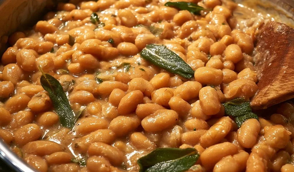 Piatto di fagioli all'uccelletto con salvia, un'importante ricetta toscana.