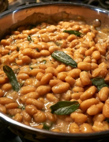 Piatto di fagioli all'uccelletto con salvia, un'importante ricetta toscana.