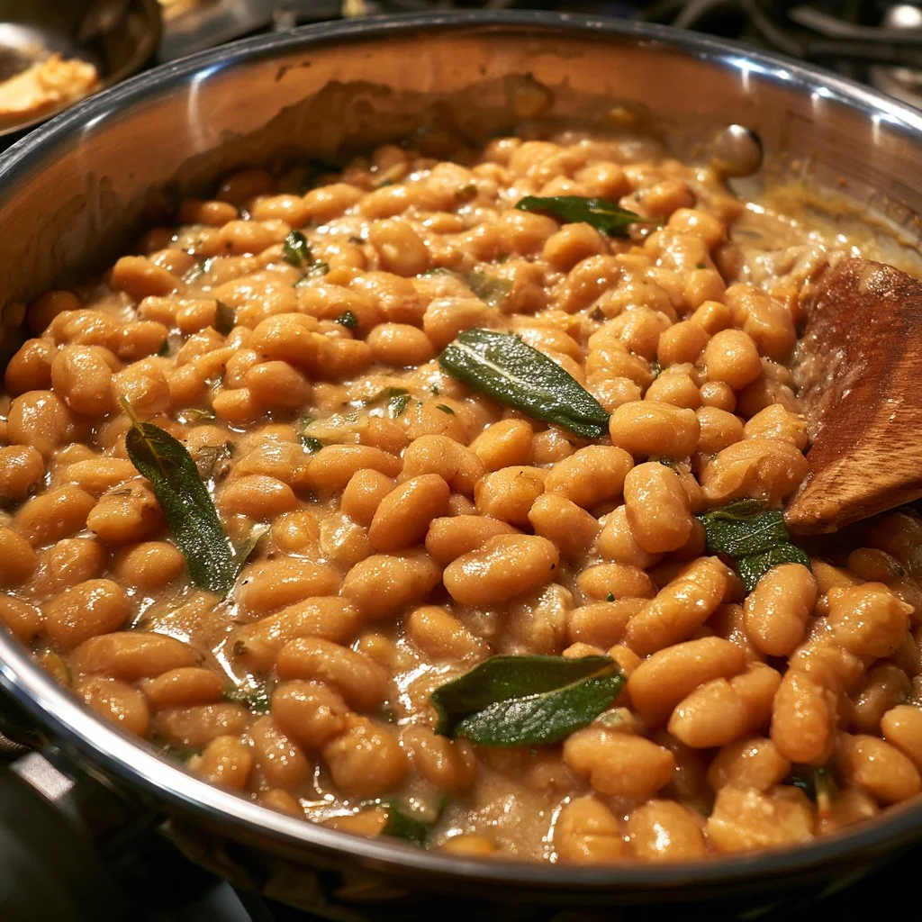 Piatto di fagioli all'uccelletto con salvia, un'importante ricetta toscana.