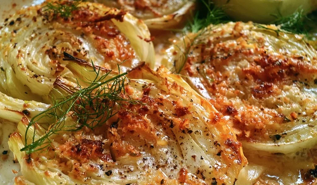 Finocchi gratinati al parmigiano serviti in un piatto bianco