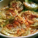 Finocchi gratinati al parmigiano serviti in un piatto bianco
