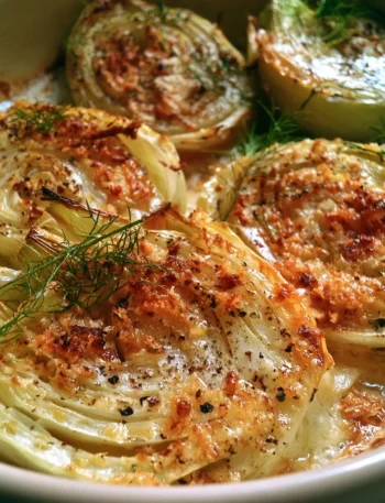 Finocchi gratinati al parmigiano serviti in un piatto bianco