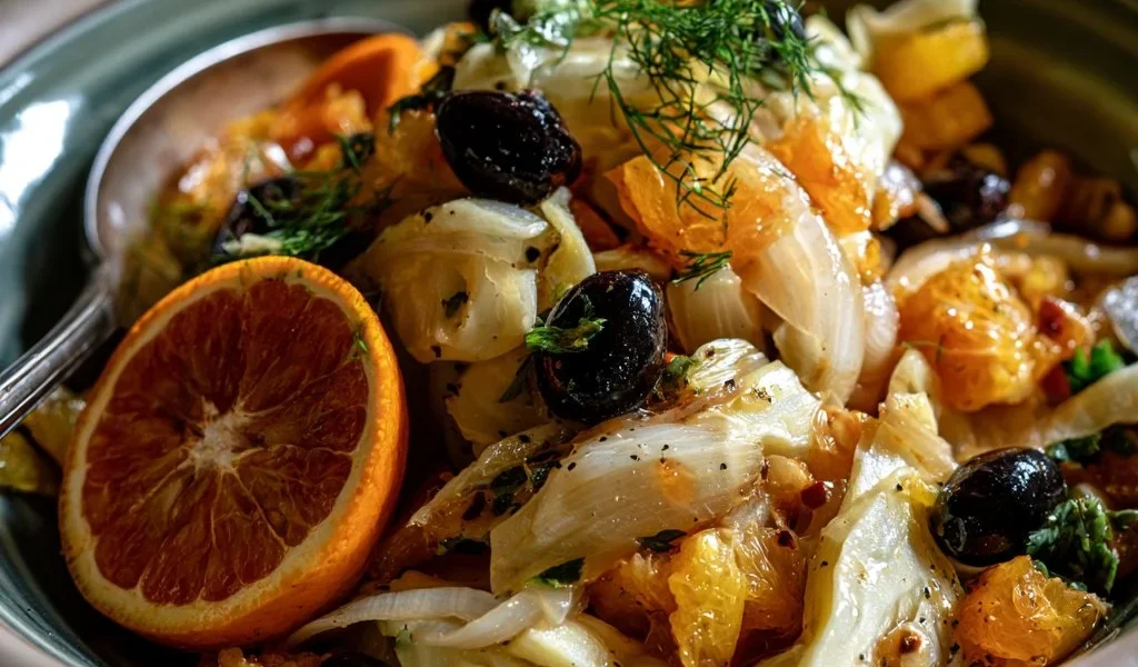Finocchi in padella con arancia e olive, piatto colorato e gustoso
