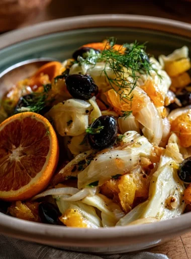 Finocchi in padella con arancia e olive, piatto colorato e gustoso