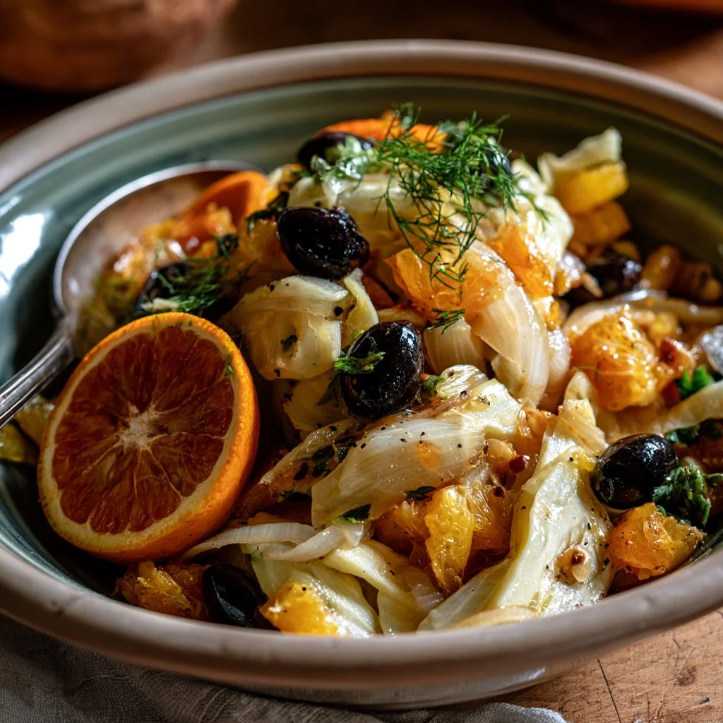 Finocchi in padella con arancia e olive, piatto colorato e gustoso