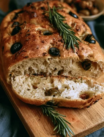 Focaccia ragnatela con olive e rosmarino appena sfornata