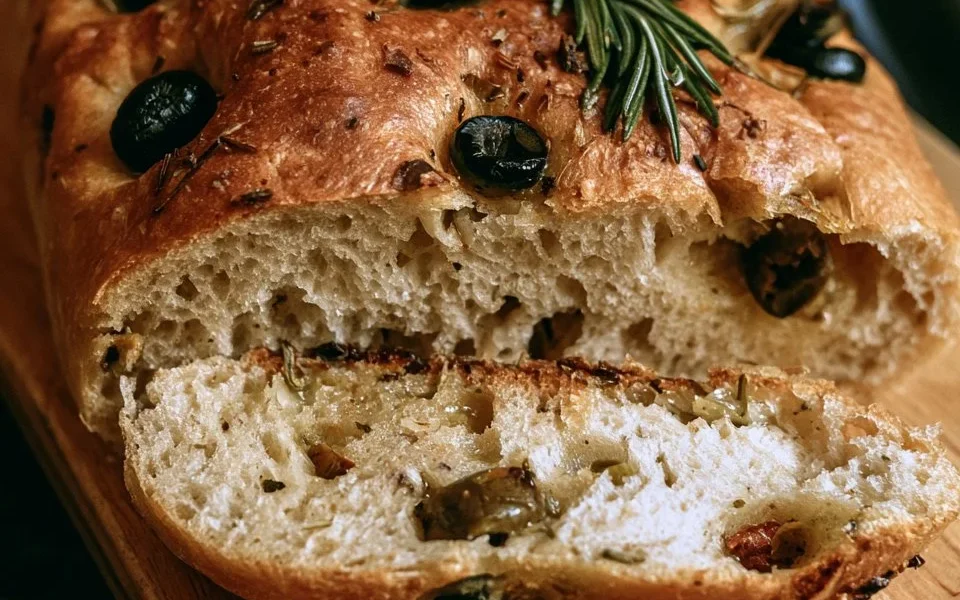 Focaccia ragnatela con olive e rosmarino appena sfornata