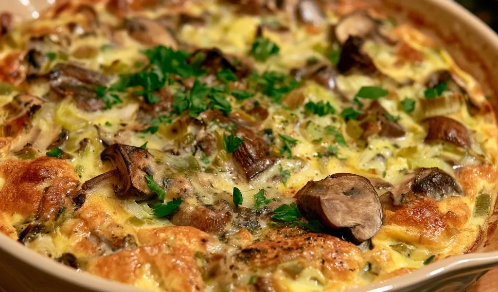 Frittata al forno con funghi e porri servita su un piatto