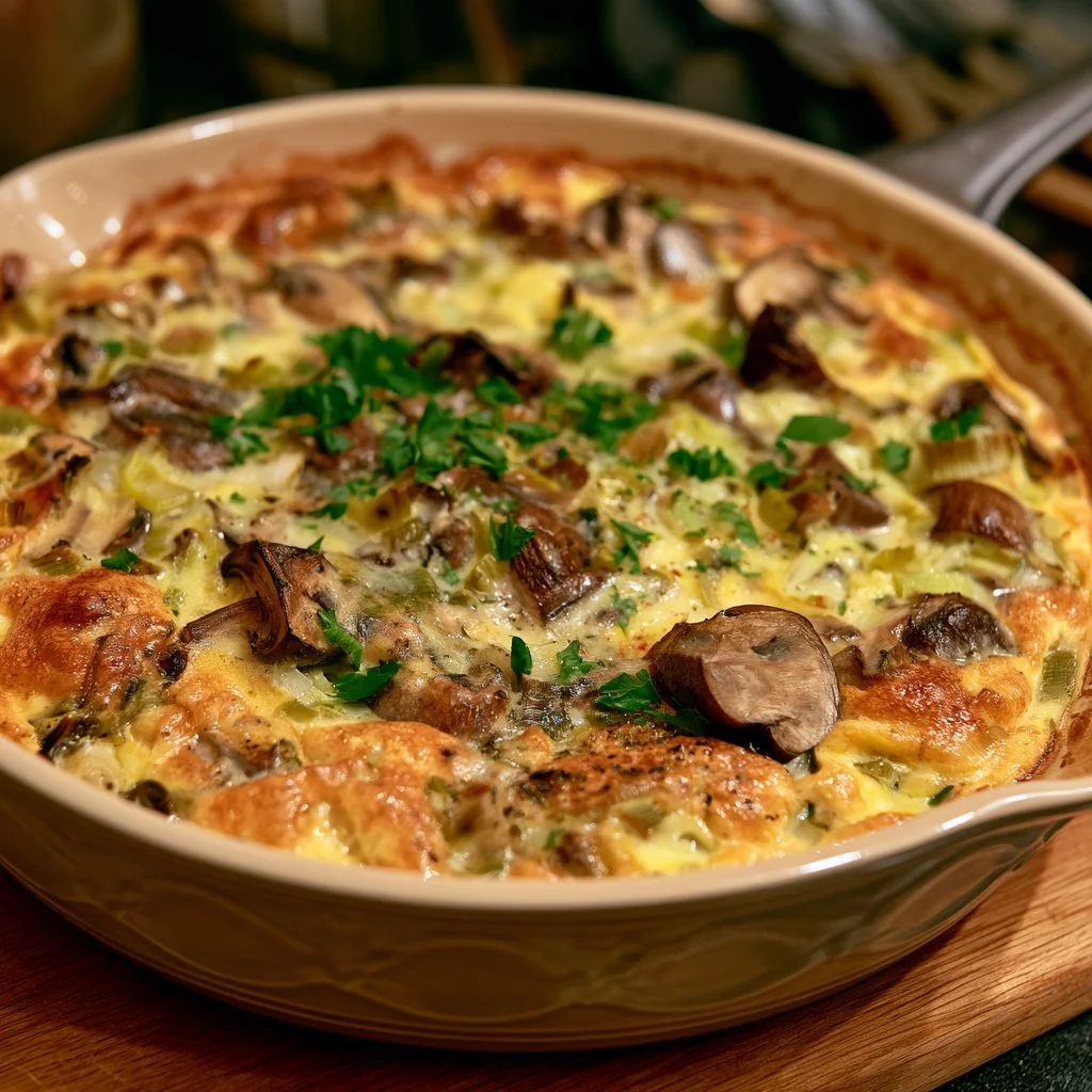 Frittata al forno con funghi e porri servita su un piatto