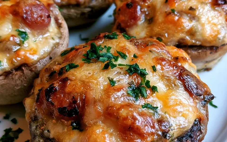 Funghi ripieni gratinati con salsiccia, piatto delizioso e invitante