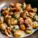 Gnocchi al gorgonzola con pere e noci, un piatto gourmet italiano.