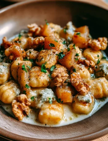 Gnocchi al gorgonzola con pere e noci, un piatto gourmet italiano.