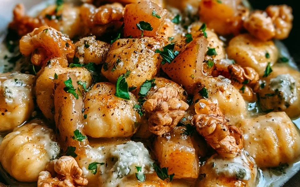 Gnocchi al gorgonzola con pere e noci, un piatto gourmet italiano.