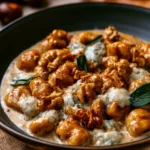 Gnocchi di castagne con gorgonzola e noci su un piatto elegante