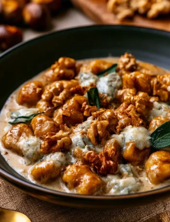 Gnocchi di castagne con gorgonzola e noci su un piatto elegante