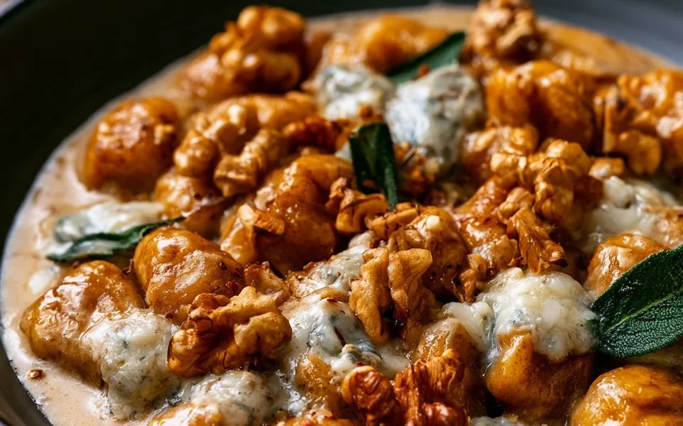 Gnocchi di castagne con gorgonzola e noci su un piatto elegante