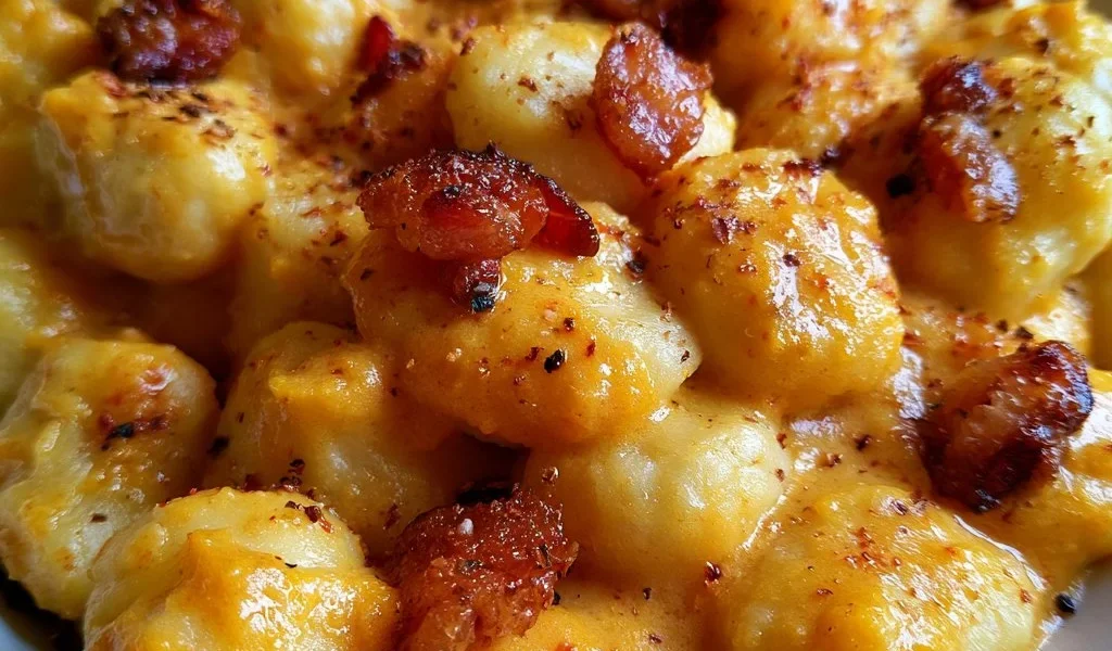 Gnocchi di patate con crema di zucca e pancetta, piatto delizioso e cremoso.