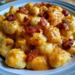 Gnocchi di patate con crema di zucca e pancetta, piatto delizioso e cremoso.