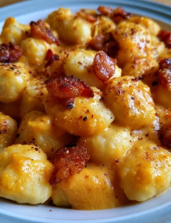 Gnocchi di patate con crema di zucca e pancetta, piatto delizioso e cremoso.