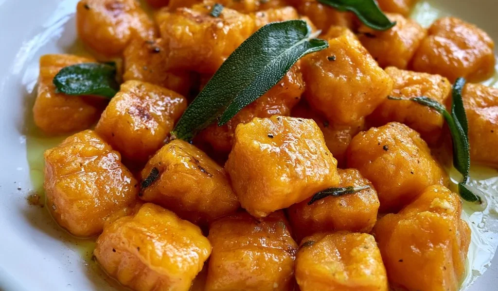 Gnocchi di zucca al burro e salvia serviti in un piatto raffinato.