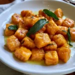 Gnocchi di zucca al burro e salvia serviti in un piatto raffinato.