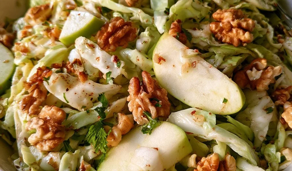 Insalata di cavolo cappuccio con mela e noci in una ciotola.