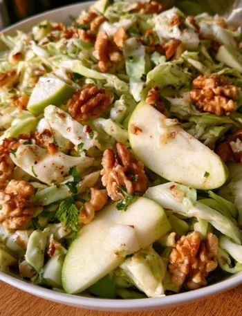 Insalata di cavolo cappuccio con mela e noci in una ciotola.