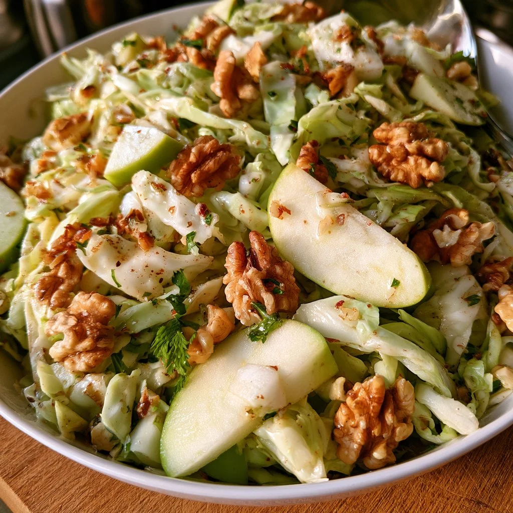 Insalata di cavolo cappuccio con mela e noci in una ciotola.