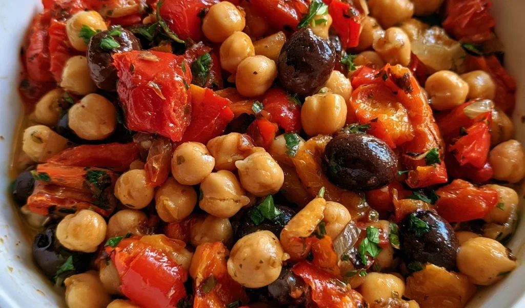 Insalata di ceci con peperoni arrostiti e olive