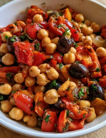 Insalata di ceci con peperoni arrostiti e olive