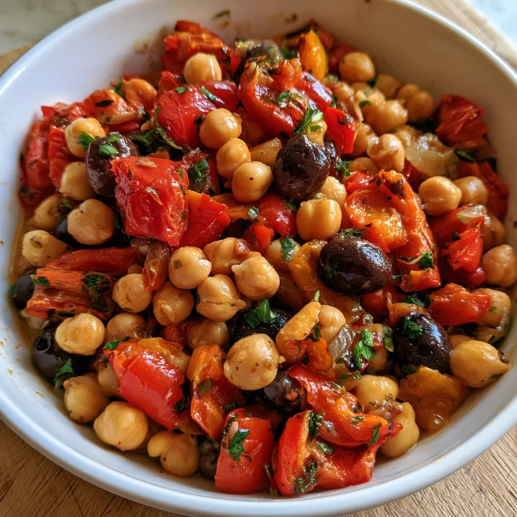 Insalata di ceci con peperoni arrostiti e olive